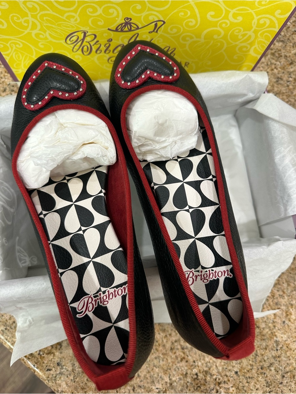 Brighton Black Flats with Red Trim and Heart Stud Appliqués